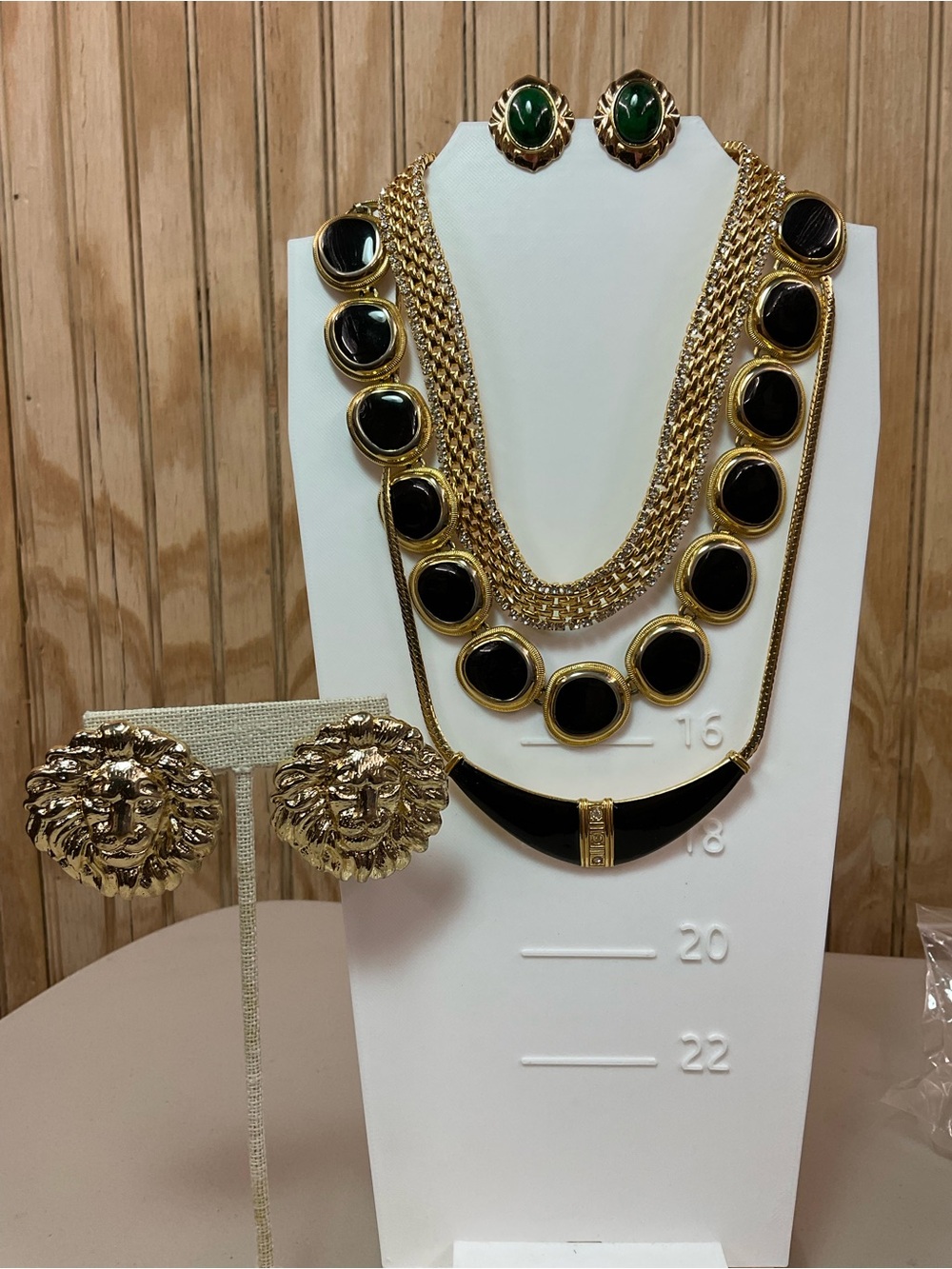 Gold-Tone Black Cabochon Lion Statement Necklace & Earring Set